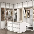 Modern White Walk-in Closet Interior Design With Hanging Clothes Drawers And Storage Areas