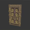 Antique Metal Safe Door Featuring Decorative Gear Patterns And Heavy Hinges