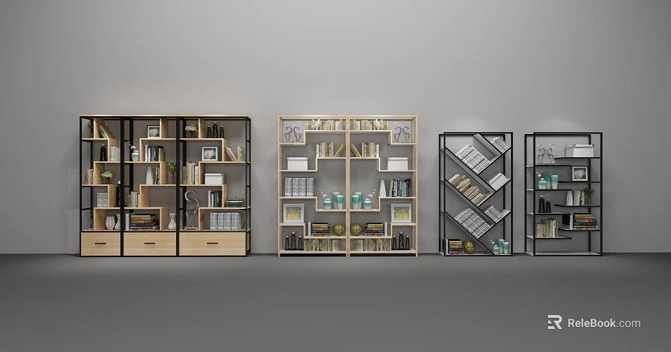 Modern Bookshelf Designs with Mixed Material Frames Storage Shelves Books and Decorative Items 3d model
