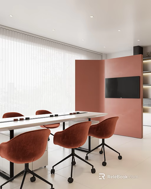 Modern Dining Space With Long Table Orange Chairs Black TV Pink Wall And White Blinds 3d model 