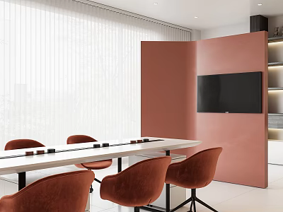Modern Dining Space With Long Table Orange Chairs Black TV Pink Wall And White Blinds 3d model