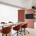 Modern Dining Space With Long Table Orange Chairs Black TV Pink Wall And White Blinds