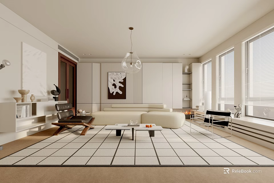 Modern Living Room Interior With Light Sofa Geometric Rug Pendant Light And Wall Art 3d model 