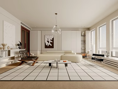 Modern Living Room Interior With Light Sofa Geometric Rug Pendant Light And Wall Art 3d model