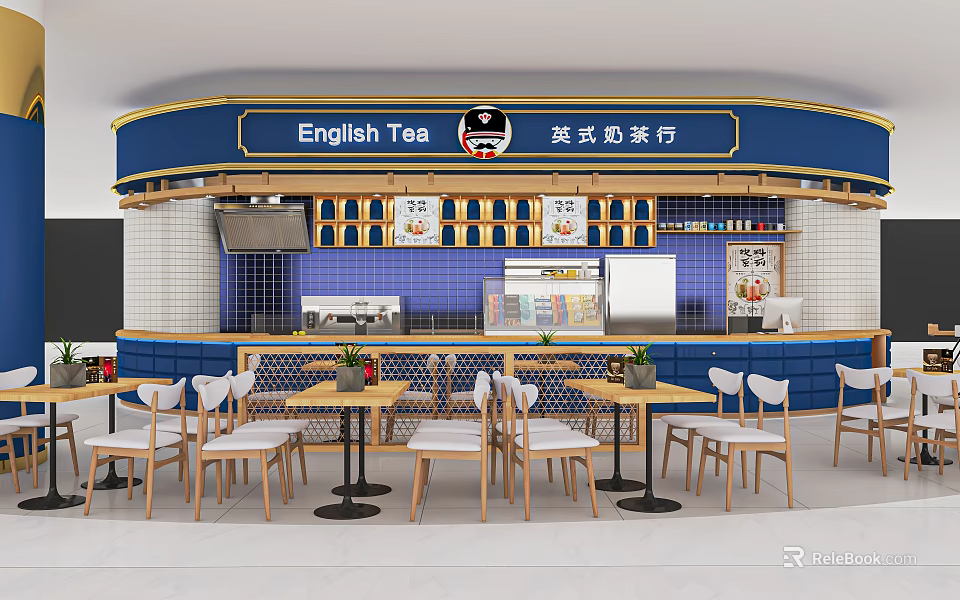 English Style Milk Tea Shop Interior With Blue White Decor Wooden Tables And Seating Area 3d model 