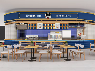 English Style Milk Tea Shop Interior With Blue White Decor Wooden Tables And Seating Area 3d model
