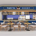English Style Milk Tea Shop Interior With Blue White Decor Wooden Tables And Seating Area