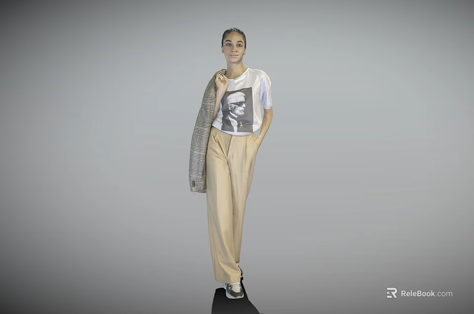 Woman Standing in White Graphic T-Shirt Beige Trousers Gray Coat Over Shoulder Against Gray Background 3d model 