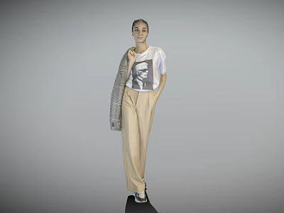 Woman Standing in White Graphic T-Shirt Beige Trousers Gray Coat Over Shoulder Against Gray Background 3d model