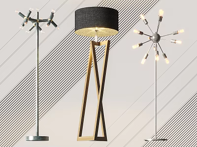 Modern Floor Lamps with Black Shade Multiple Bulbs and Diverse Material Designs 3d model