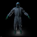 Gray Hazmat Suit with Blue Helmet Face Mask and Green Gloves Boots on Black Background