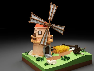 Windmill Tower Architectural Structure Featuring Red Roof Wooden Balcony And Rotating Blades 3d model