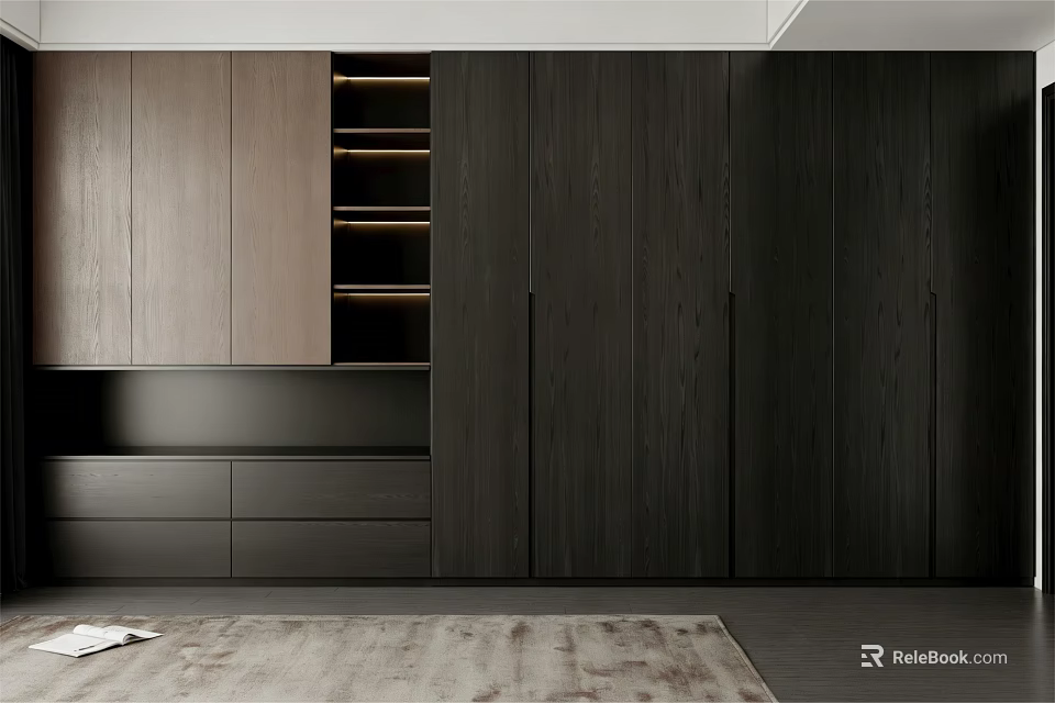 Modern Dark Wood Wardrobe Design With Open Shelves Drawers and Storage Space 3d model 