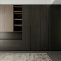 Modern Dark Wood Wardrobe Design With Open Shelves Drawers and Storage Space