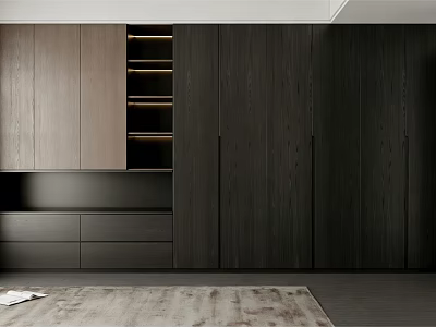 Modern Dark Wood Wardrobe Design With Open Shelves Drawers and Storage Space 3d model