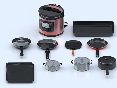Essential Kitchen Cookware Collection With Electric Rice Cooker Frying Pans Baking Trays And Pots 3d model