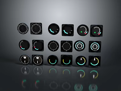 Various Dashboard Gauges With Circular Square Shapes And Illuminated Indicators On Reflective Dark Background 3d model