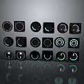 Various Dashboard Gauges With Circular Square Shapes And Illuminated Indicators On Reflective Dark Background