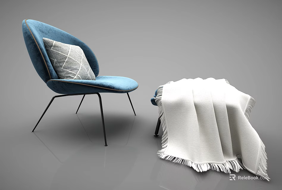 Modern Blue Leisure Chair With Gray Cushion Black Metal Legs And Ottoman With White Blanket 3d model 