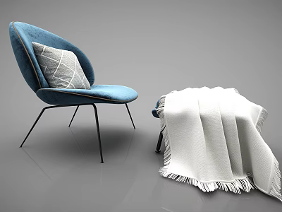 Modern Blue Leisure Chair With Gray Cushion Black Metal Legs And Ottoman With White Blanket 3d model