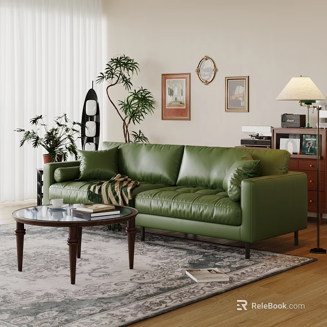 Comfortable Living Room Interior With Green Leather Sofa Coffee Table Decorative Rug And Framed Paintings 3d model 