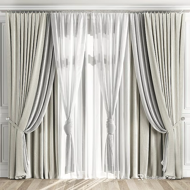 Elegant Sheer And Textured Window Curtains With Neutral Color Tiebacks Design 3d model 