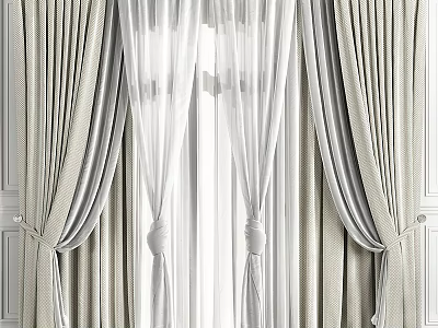 Elegant Sheer And Textured Window Curtains With Neutral Color Tiebacks Design 3d model