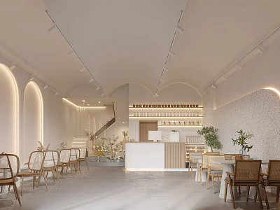 Elegant Modern Boutique Interior With Open Layout Tables Front Desk And Plants 3d model