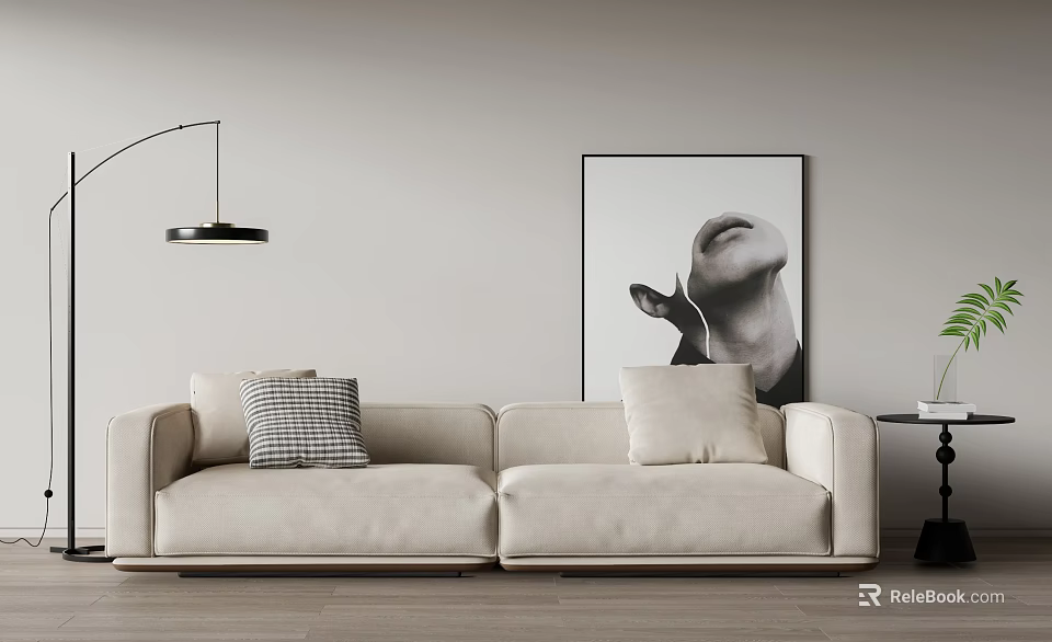 Living Room With Light Beige Two Seater Sofa Checkered Pillow Framed Artwork And Floor Lamp 3d model 