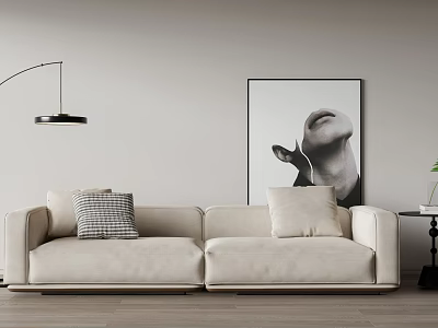 Living Room With Light Beige Two Seater Sofa Checkered Pillow Framed Artwork And Floor Lamp 3d model