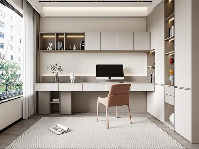 Modern Study Room Interior With White Bookshelves Computer Monitor And Pink Chair 3d model