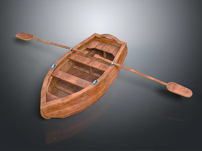 Traditional Wooden Rowing Boat With Oars And Wooden Seats On Smooth Surface 3d model