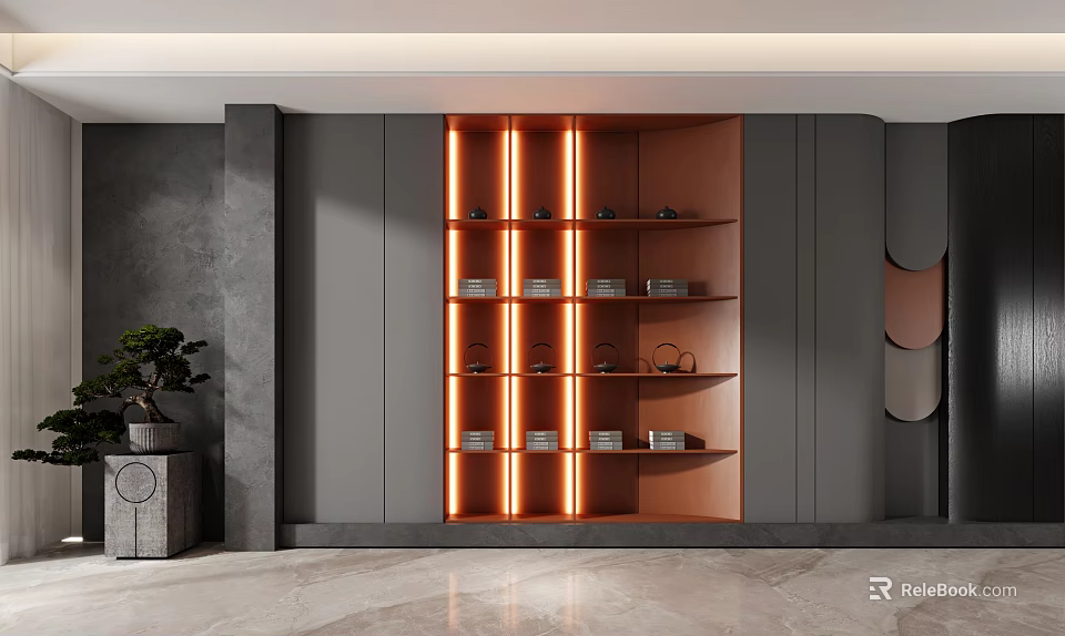Modern Gray And Brown Decorative Cabinet With Orange LED Lighting And Multiple Shelves 3d model 