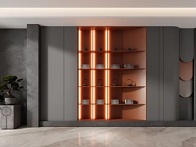 Modern Gray And Brown Decorative Cabinet With Orange LED Lighting And Multiple Shelves 3d model