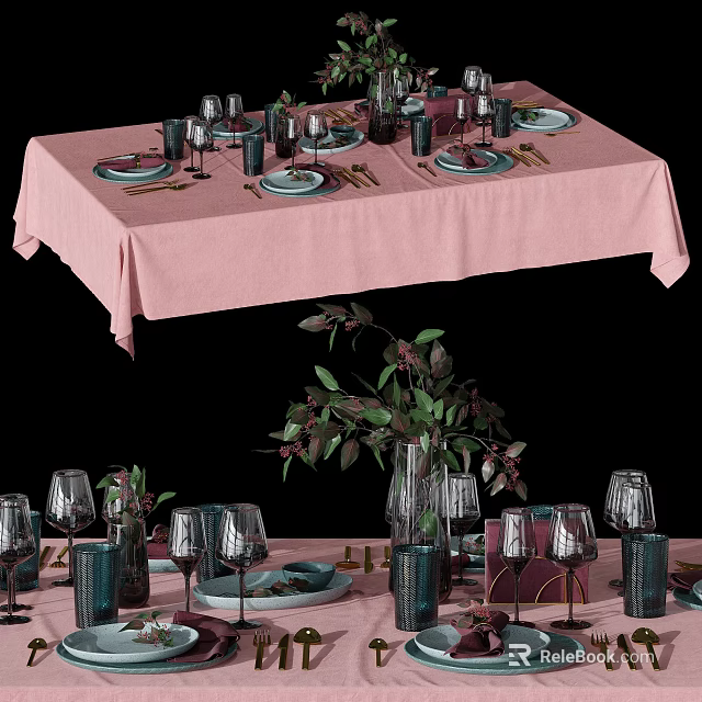 Elegant Dinnerware Set On Pink Tablecloth With Plates Glasses Cutlery And Green Plants 3d model 