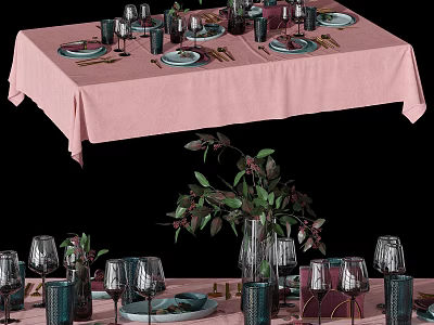 Elegant Dinnerware Set On Pink Tablecloth With Plates Glasses Cutlery And Green Plants 3d model