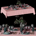 Elegant Dinnerware Set On Pink Tablecloth With Plates Glasses Cutlery And Green Plants