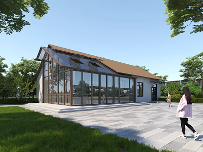 Modern Glass House Exterior With Brown Roof Large Windows Green Lawn And Trees 3d model