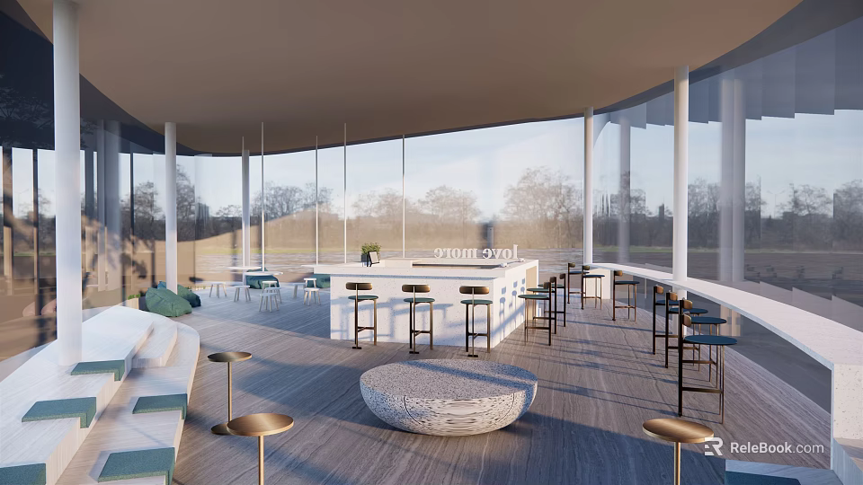Modern Open Café Interior With Large Windows Outdoor View Bar Stools Sofa And Round Table 3d model 