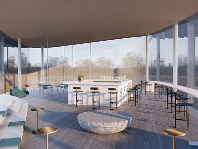 Modern Open Café Interior With Large Windows Outdoor View Bar Stools Sofa And Round Table 3d model