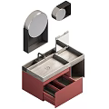Modern Bathroom Vanity With Red Cabinet Gray Countertop Faucet And Mirrors
