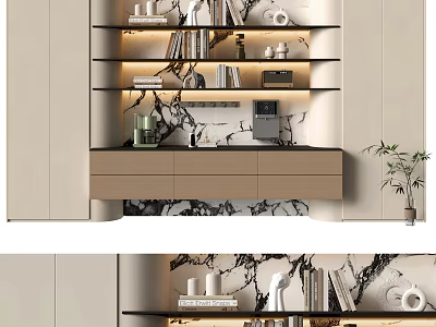 Elegant Modern Decorative Cabinet With Layered Design LED Lighting Marble Countertop And Potted Plant 3d model