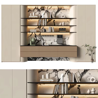 Elegant Modern Decorative Cabinet With Layered Design LED Lighting Marble Countertop And Potted Plant 3d model