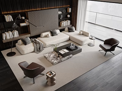 Modern Living Room With White Sofa And Coffee Table Gray Pillows Bookshelves Brown Accent Chairs 3d model
