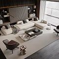 Modern Living Room With White Sofa And Coffee Table Gray Pillows Bookshelves Brown Accent Chairs
