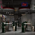 Modern Bar Interior Design With Wooden Shelves Wine Bottles Stone Counter And Green Chairs