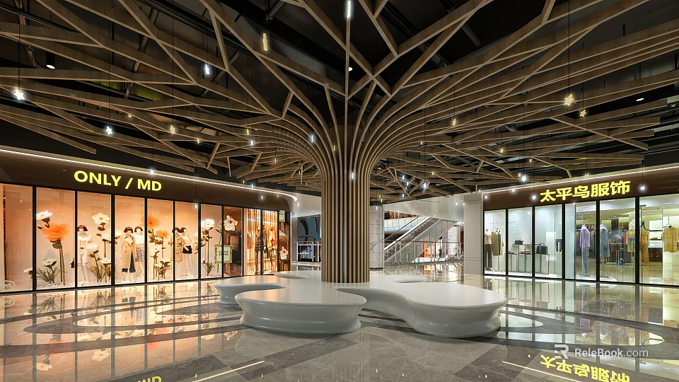 Modern Shopping Mall Lobby Interior With Tree Like Ceiling Structure Store Windows And Seating Area 3d model 