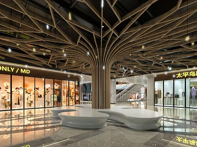 Modern Shopping Mall Lobby Interior With Tree Like Ceiling Structure Store Windows And Seating Area 3d model