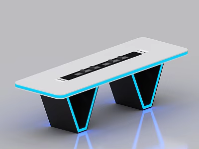Modern Meeting Room Table With White Top Black Legs And Blue Accent Lights 3d model