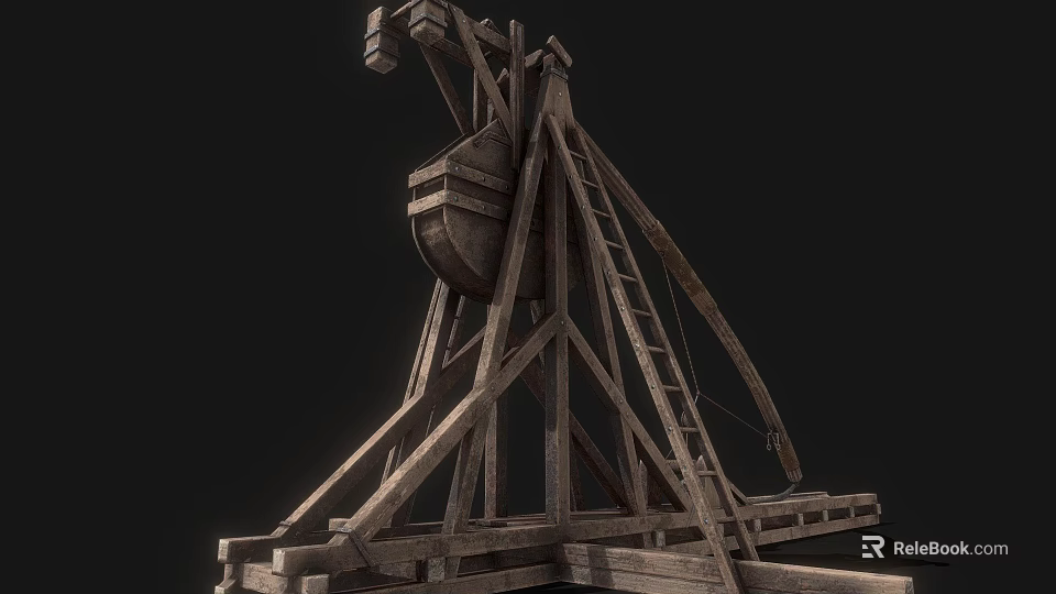 Ancient Wooden Catapult Siege Weapon With Ladder And Launch Arm Frame Structure 3d model